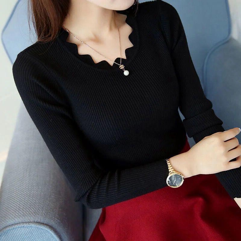 Long Sleeve Round Neck Plain Zig Zag Edge Ribbed Knit Top Product Image