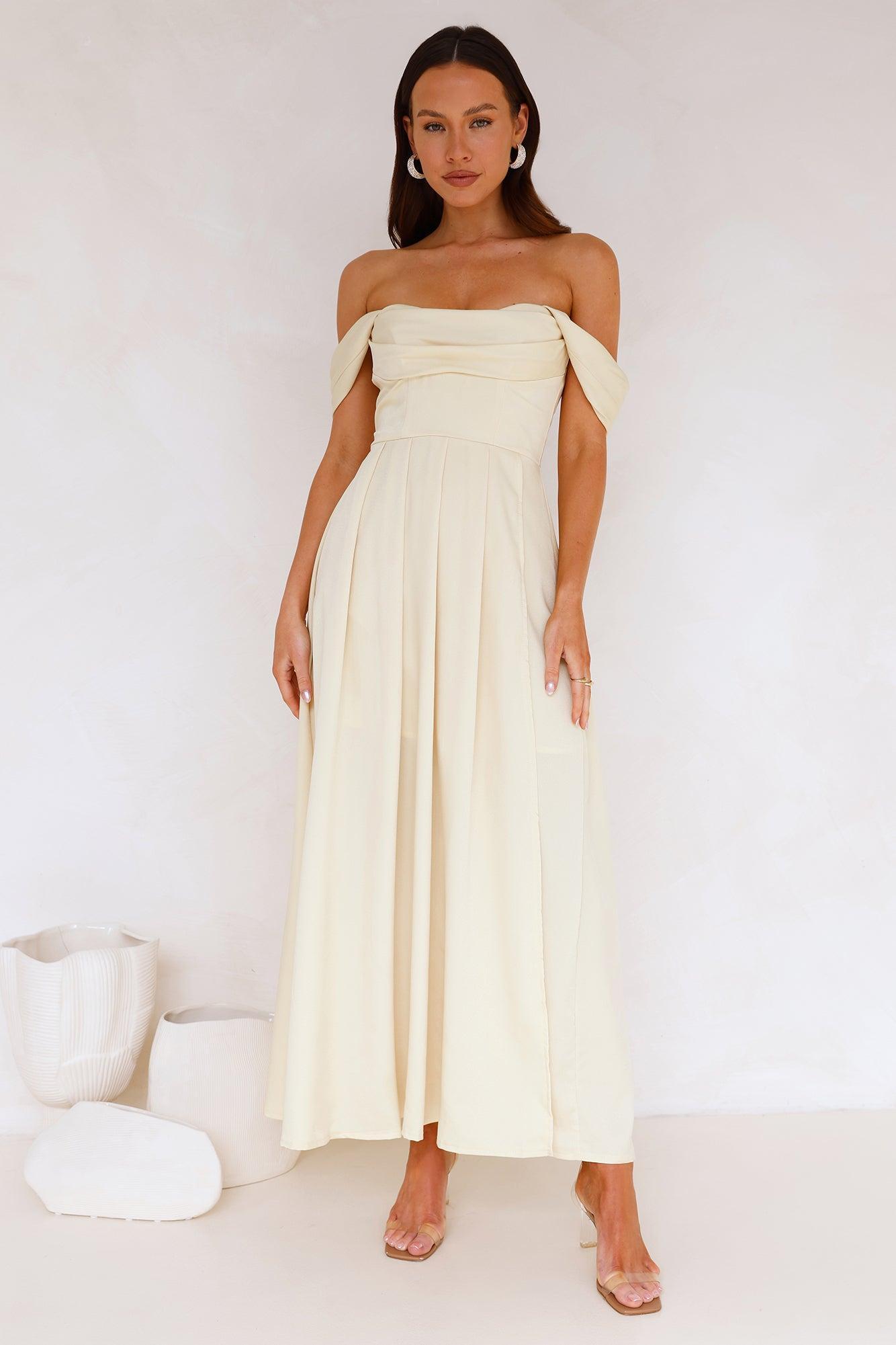 Classy Affair Off Shoulder Satin Maxi Dress Yellow Product Image