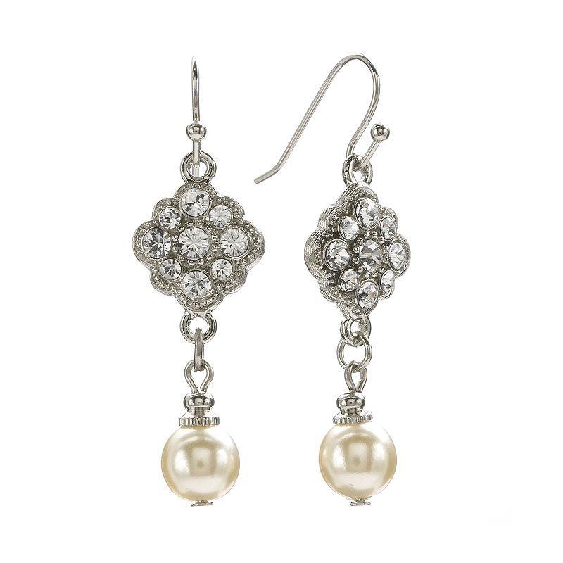 1928 Silver Tone Crystal & Simulated Pearl Drop Earrings, Womens, Grey Product Image