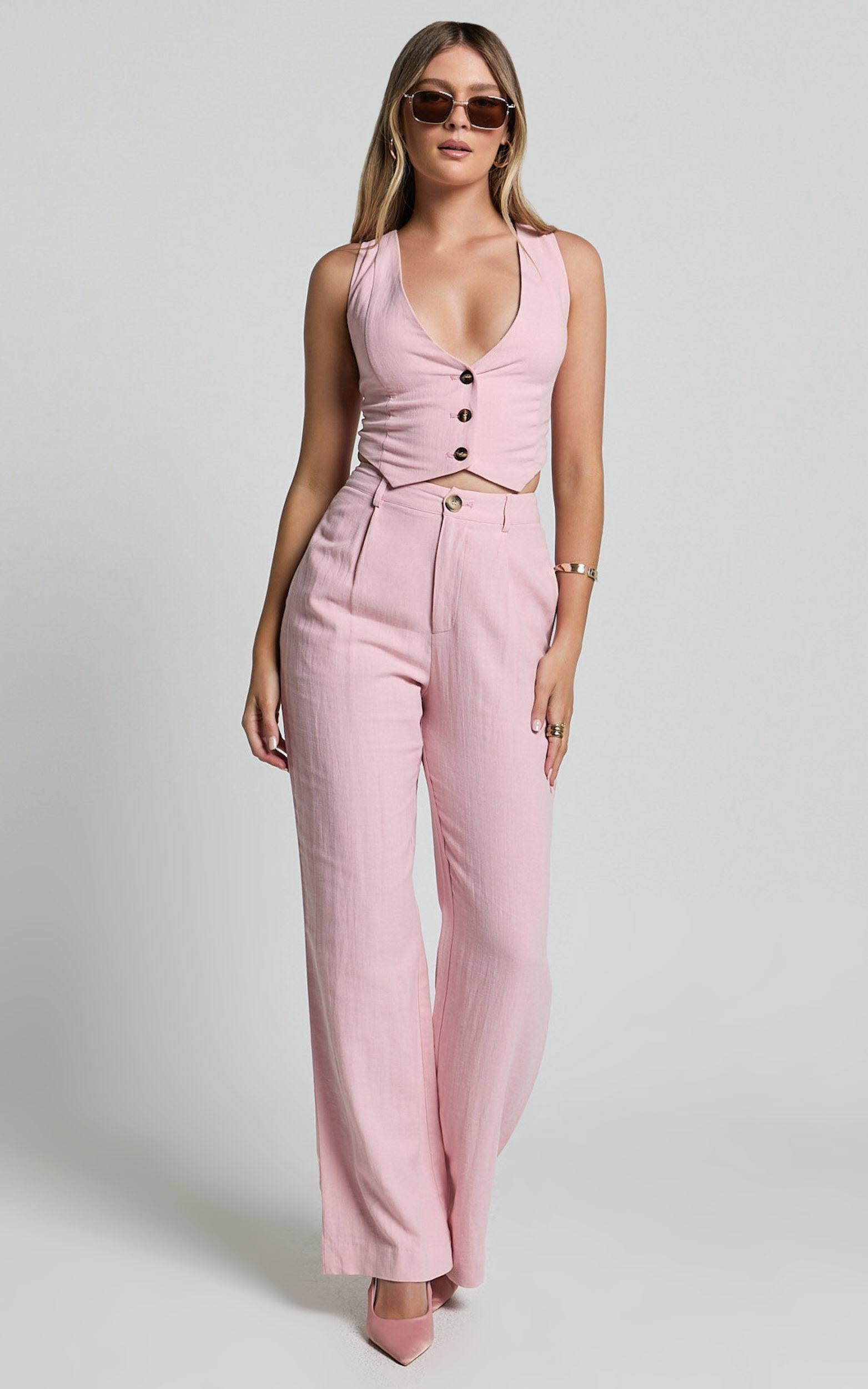 Bree Pants - Linen Look Mid Rise Relaxed Straight Leg Tailored Trousers in Light Pink Product Image