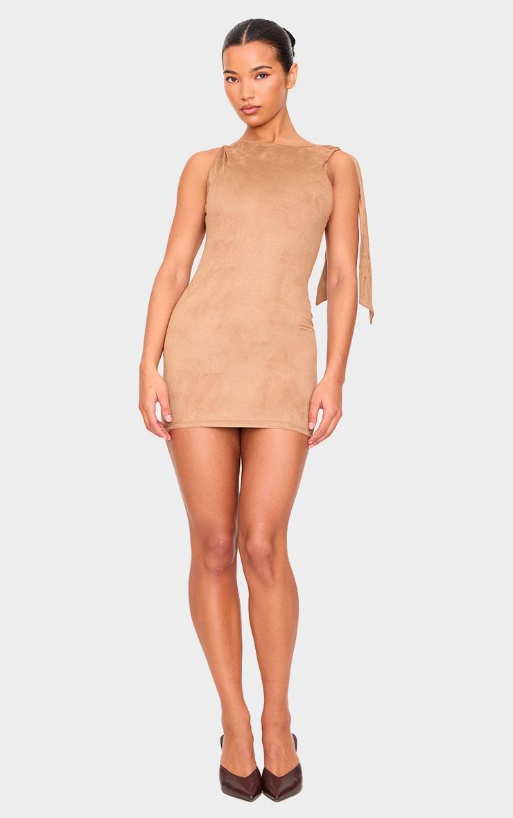 Camel Faux Suede Knot Drape Bodycon Dress Product Image