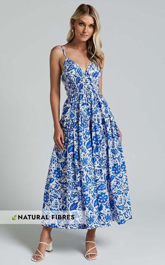 Cheri Midi Dress - Strappy Fit and Flare Tiered Dress in Blue Floral Product Image