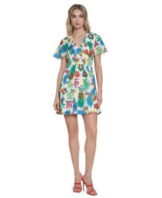 Donna Morgan Womens Cotton Tropical-Print Mini Dress - Ivory Product Image