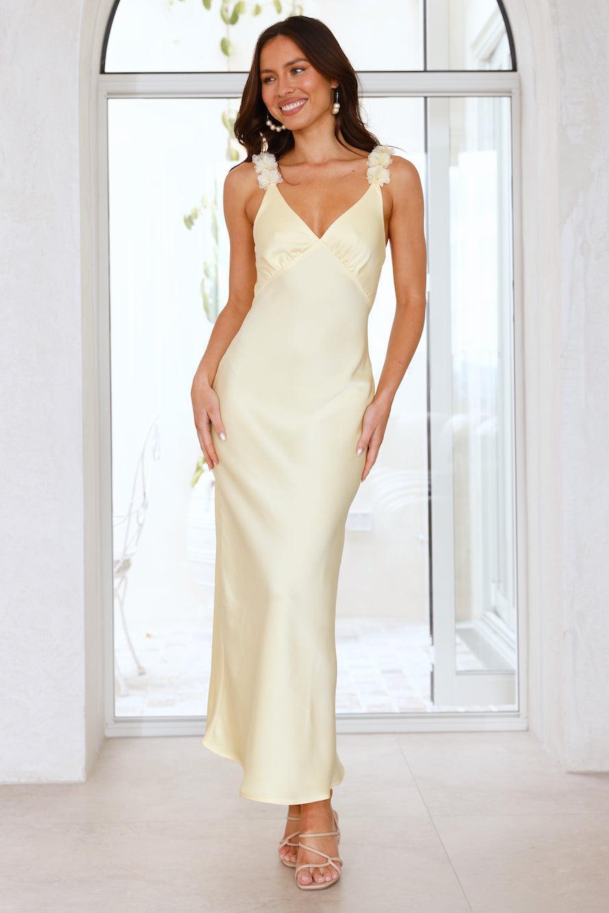 Silken Twilight Satin Maxi Dress Yellow Product Image