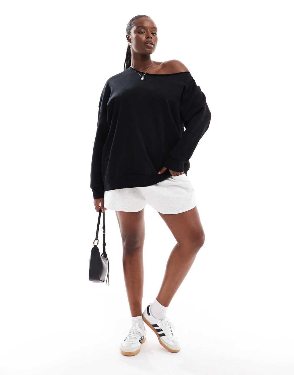 ASOS DESIGN Curve off the shoulder oversized sweatshirt in black Product Image