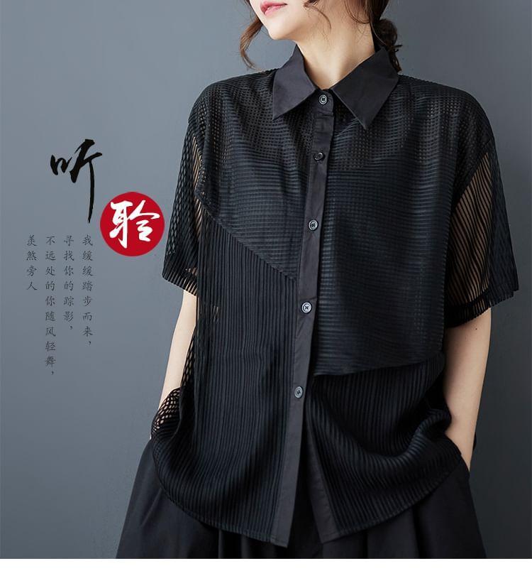 Elbow-Sleeve Collared Mesh Panel Sheer Button-Up Blouse Product Image