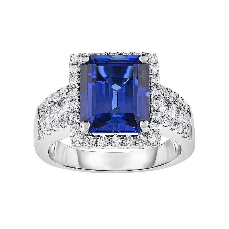 Sterling Silver Lab-Created Sapphire & Cubic Zirconia Square Halo Ring, Womens Product Image