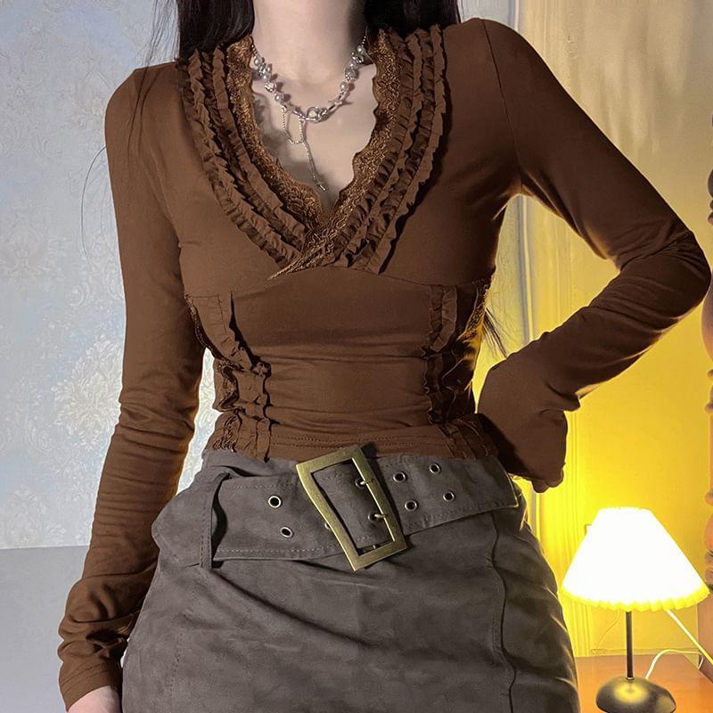 Long-Sleeve V-Neck Lace Trim Plain Crop Top Product Image