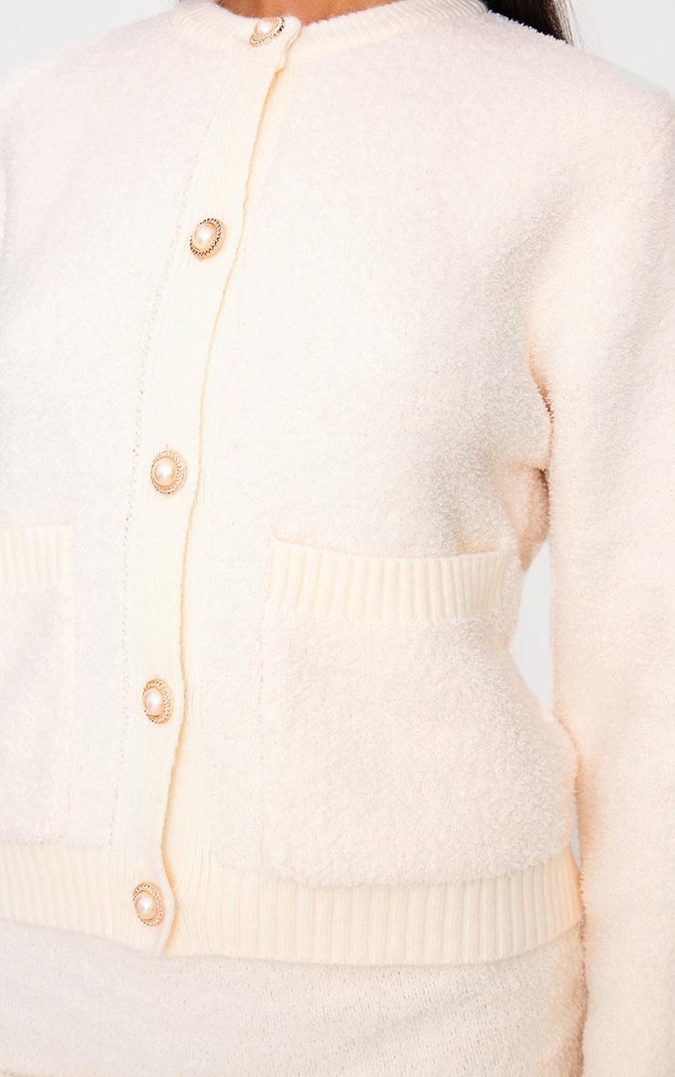 Cream Fluffy Boucle Knit Button Up Cardigan Product Image