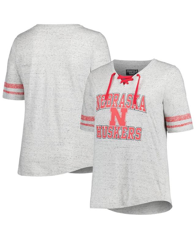 Womens Profile Heather Gray Nebraska Huskers Plus Size Striped Lace-Up T-Shirt Product Image