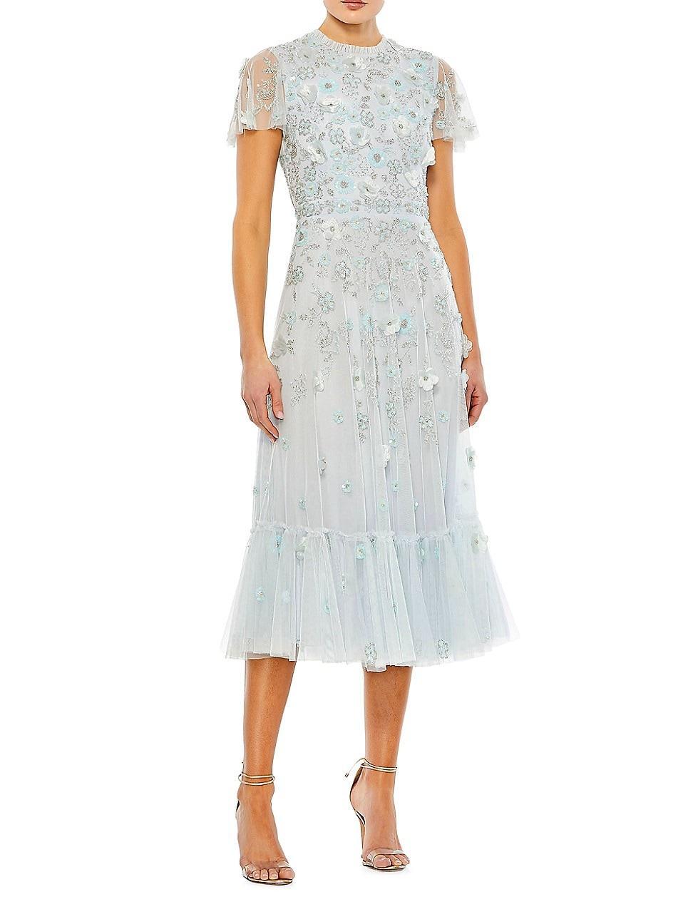 Womens Sequined Floral Tulle Midi-Dress Product Image