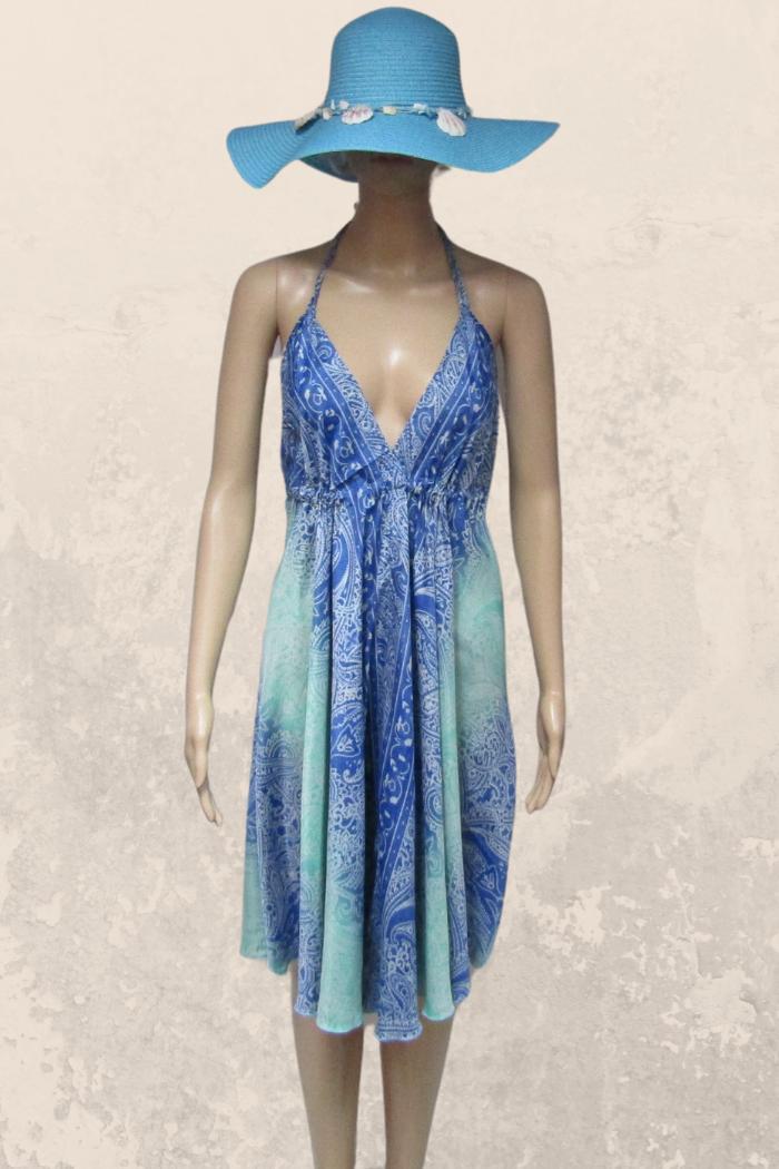 Hot Ticket Halter Dress in a Sassy Silky Short Style in Aqua-Blue Product Image