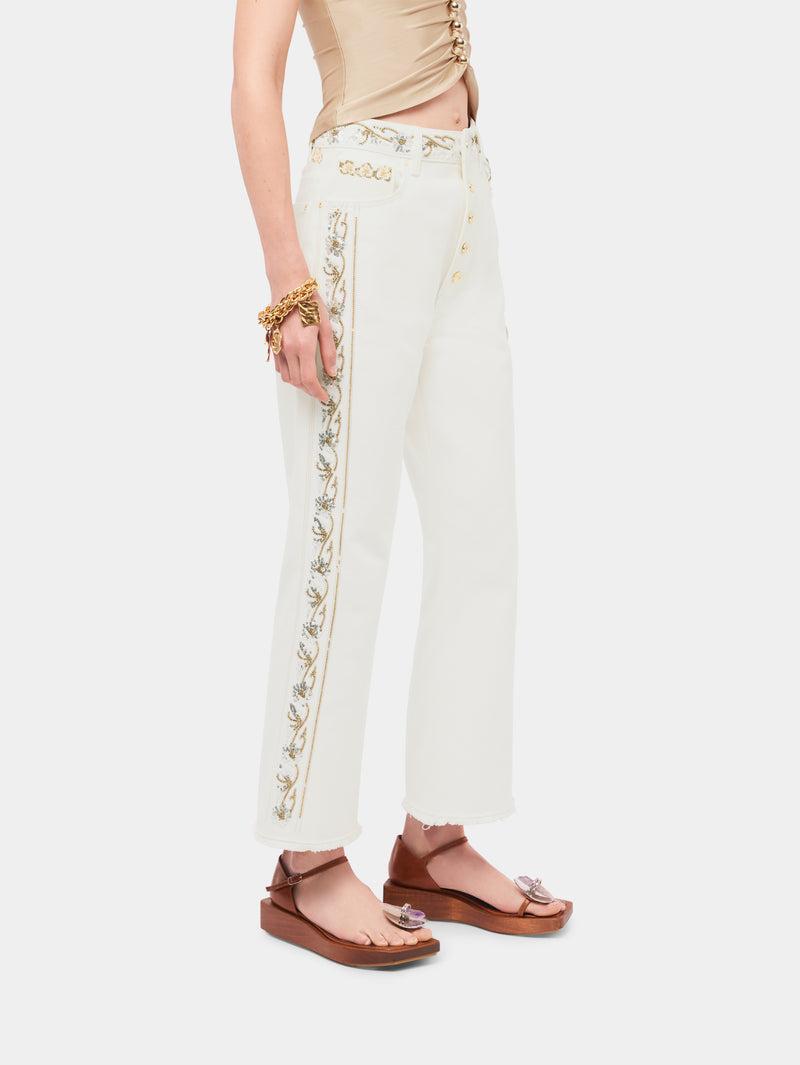 Embroidered off white denim jeans Product Image