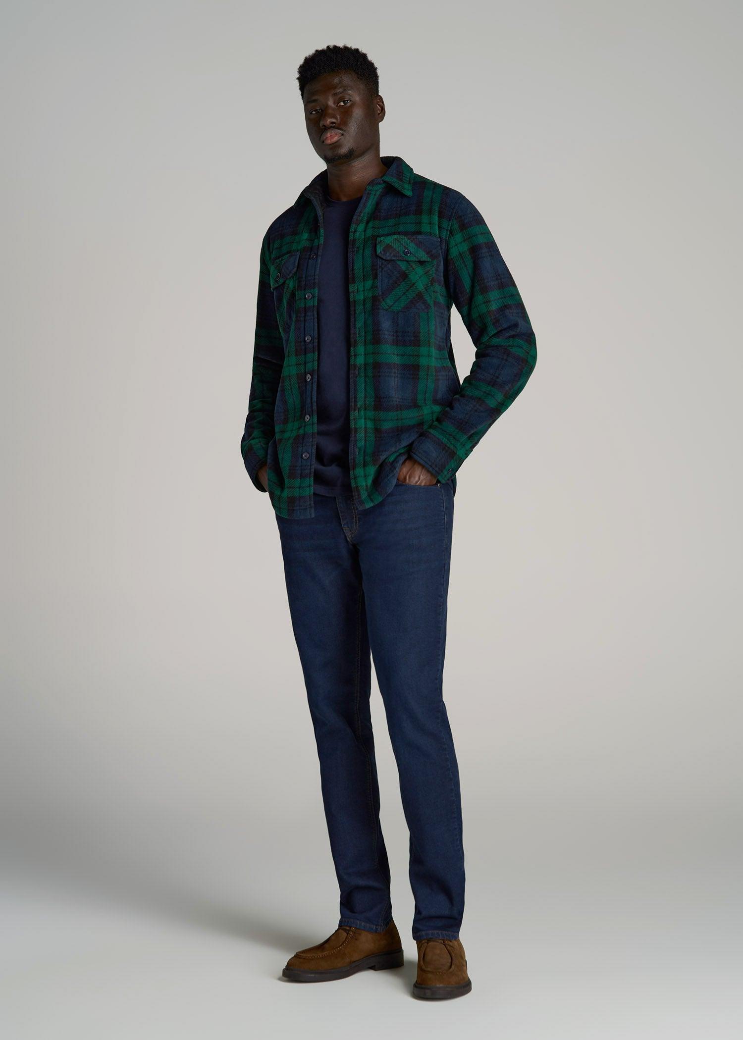 Sherpa-Lined Fleece Overshirt for Tall Men in Dark Blue & Green Plaid Product Image