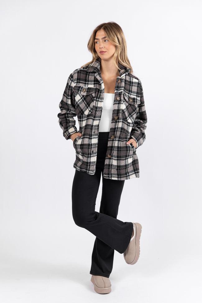 Through The Leaves Black Plaid Sherpa Shacket Product Image