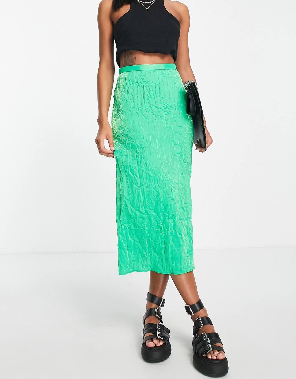 Topshop premium crinkle satin midi skirt in emerald - part of a set Product Image