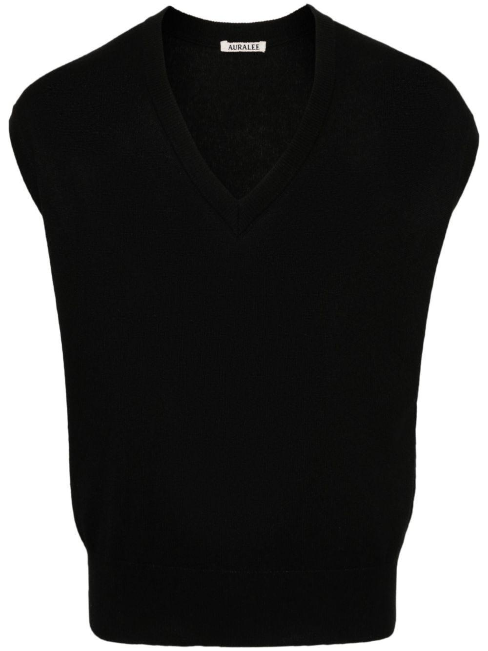 AURALEE Silk & Cashmere Knit V-neck Vest In Black Product Image