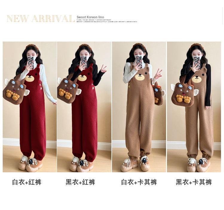 Maternity Long-Sleeve Mock Neck Plain Knit Top / Bear Fleece Harem Dungaree Product Image