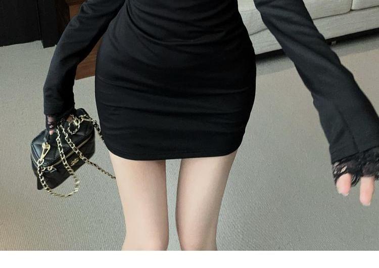 Long-Sleeve V-Neck Lace Trim Mini Bodycon Dress Product Image