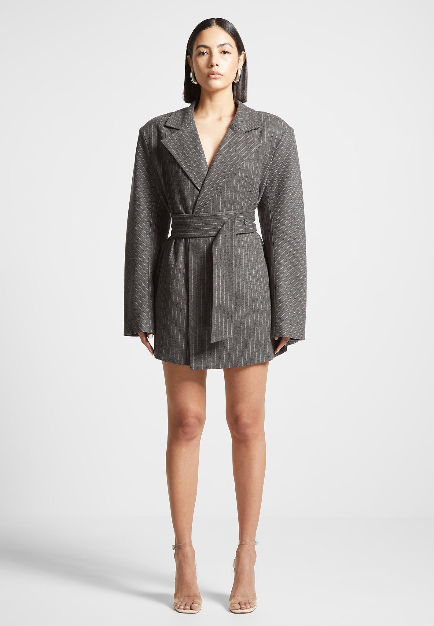 Oversized Pinstripe Blazer Dress - Grey Female Product Image