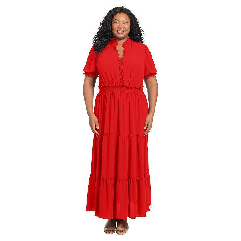 Plus Size London Times Smock Puff Sleeve Ruffle Neck Maxi Dress, Womens Brt Red Product Image