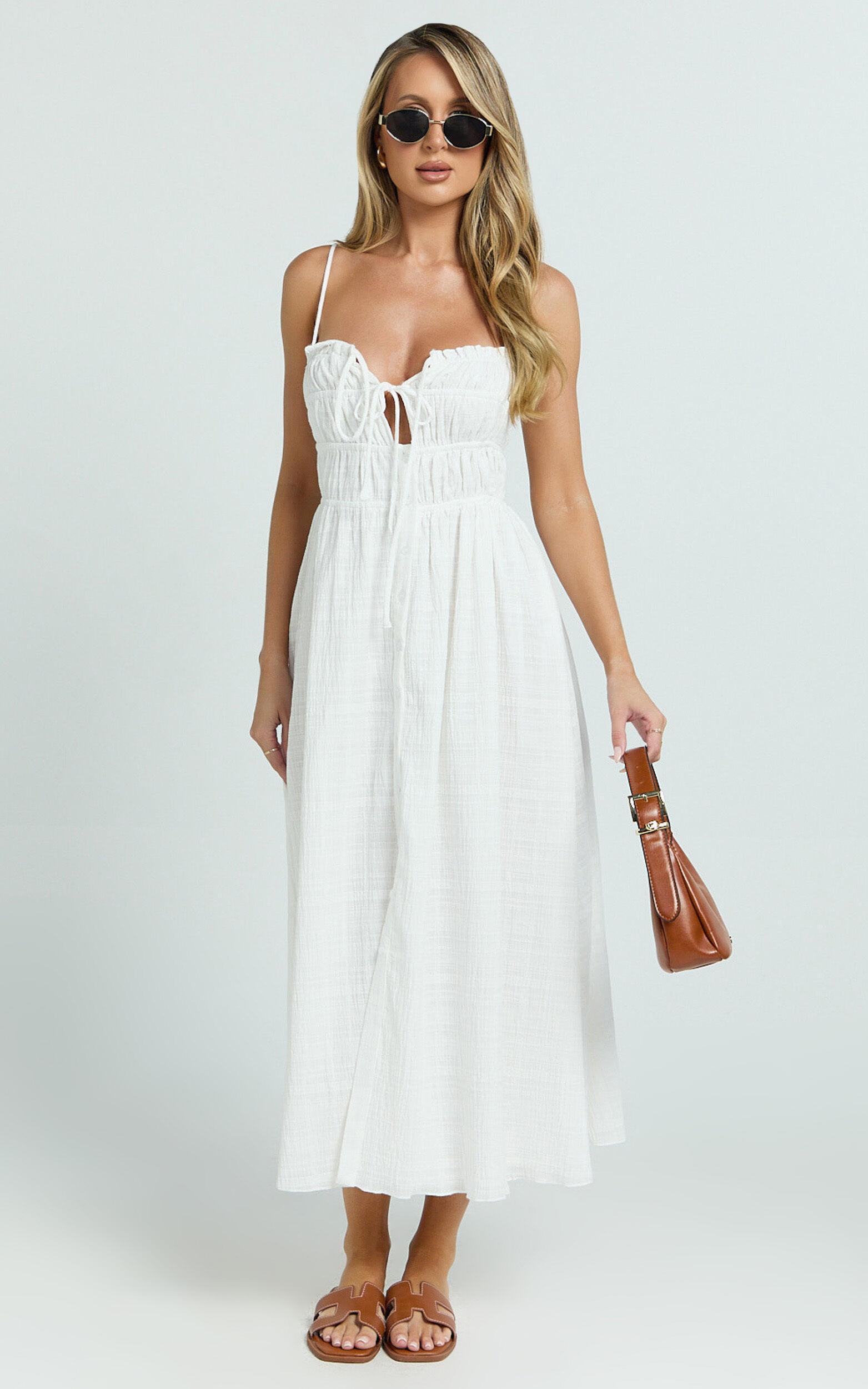 Lucienne Midi Dress - Ruched Button Up Front Dress in White Product Image