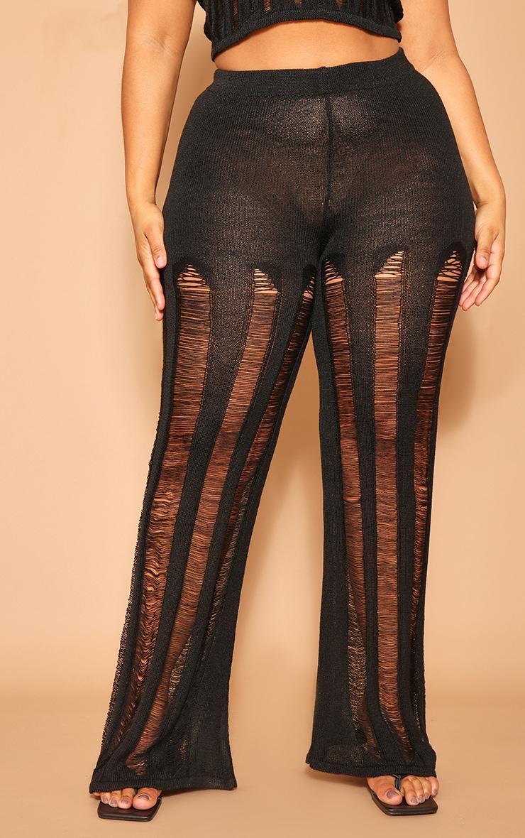 Plus Black Distressed Knitted Straight Leg Pants Product Image