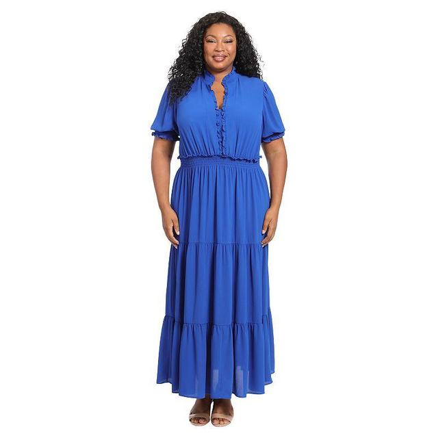 Plus Size London Times Smock Puff Sleeve Ruffle Neck Maxi Dress, Womens Blue Product Image