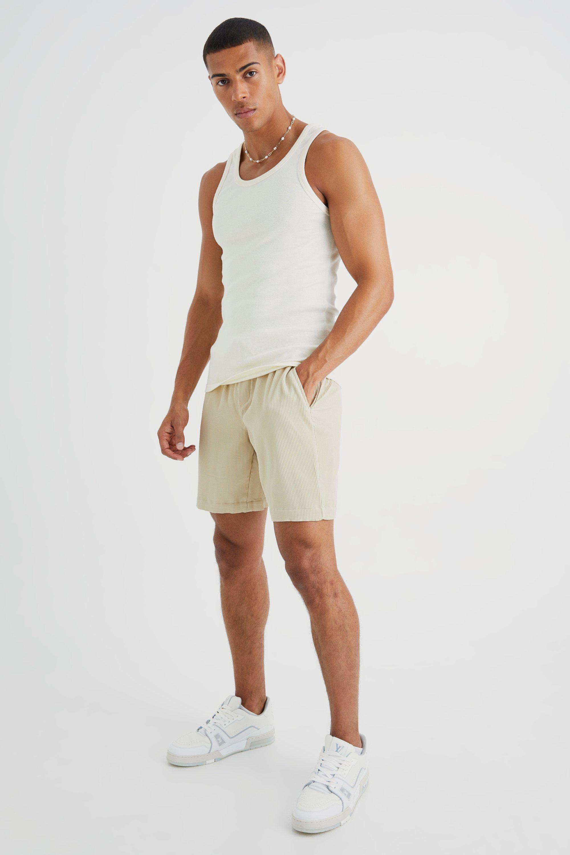 Mens Beige Pleated Mid Length Short, Beige Product Image