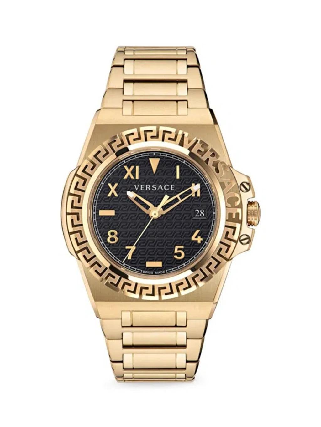 Men's Greca Reaction 44mm Ip Goldtone Stainless Steel Bracelet Watch In Black Product Image