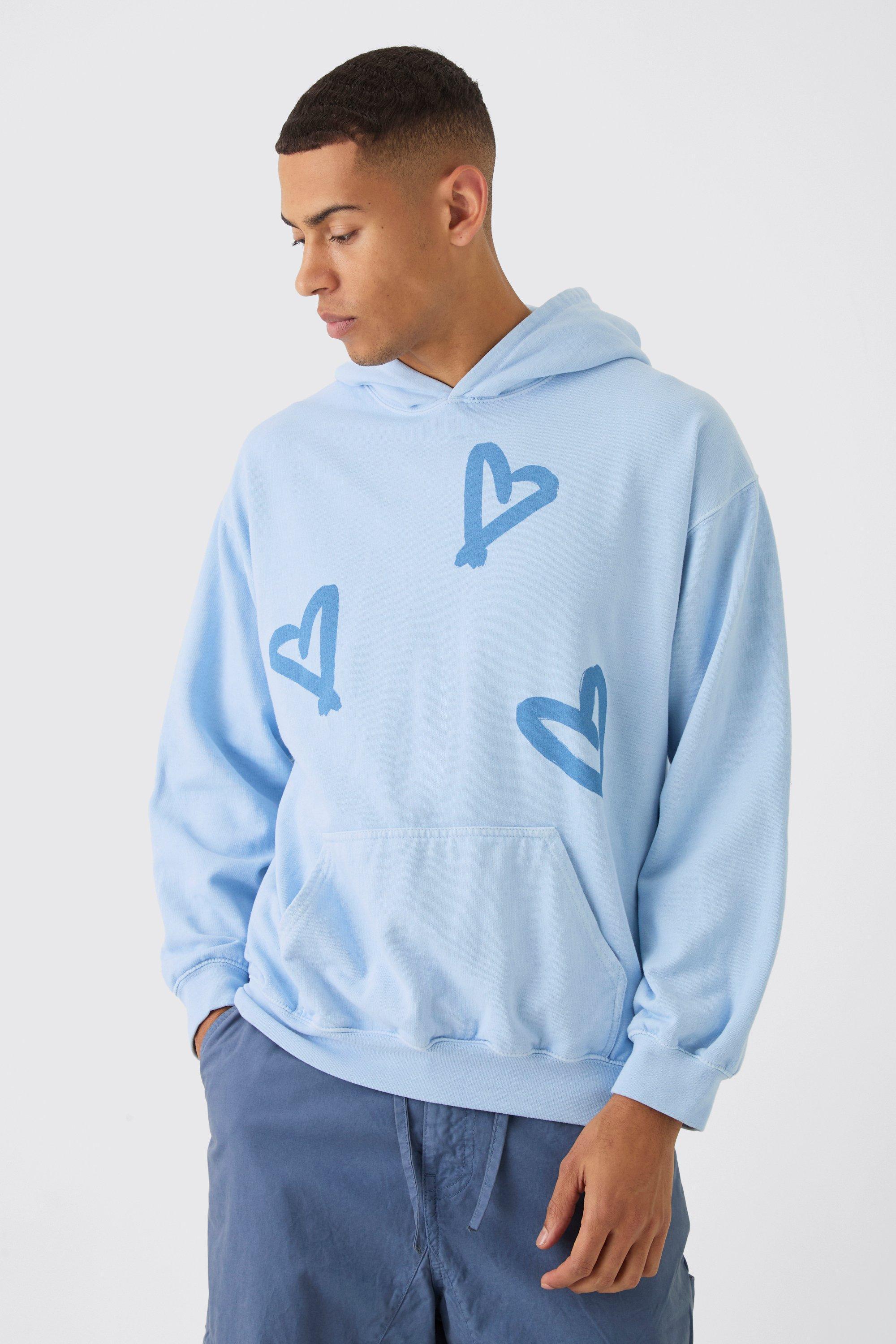 Oversized Washed Graffiti Heart Graphic Hoodie | boohooMAN USA Product Image