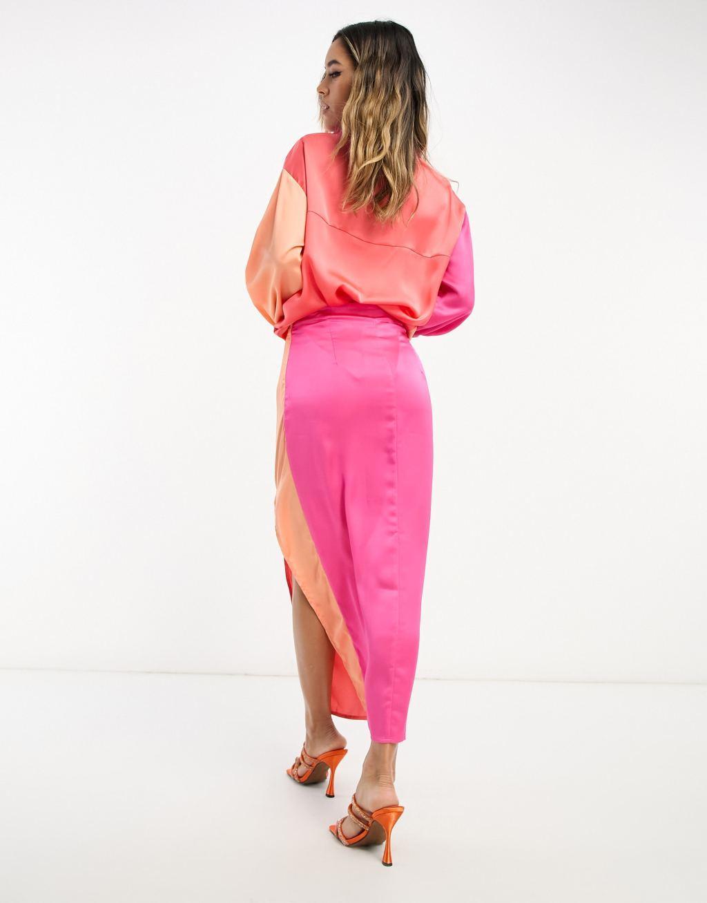 In The Style satin contrast knot detail thigh split skirt Product Image