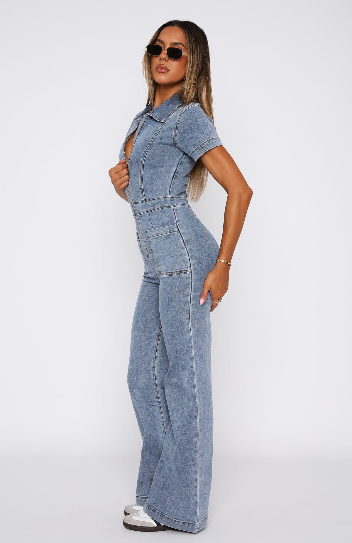 Not About You Denim Jumpsuit Mid Blue Product Image