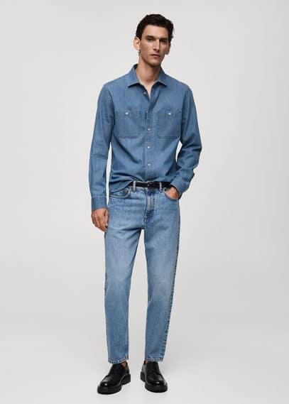 MANGO MAN - Regular-fit denim shirt with chest pocket medium blueMen Product Image