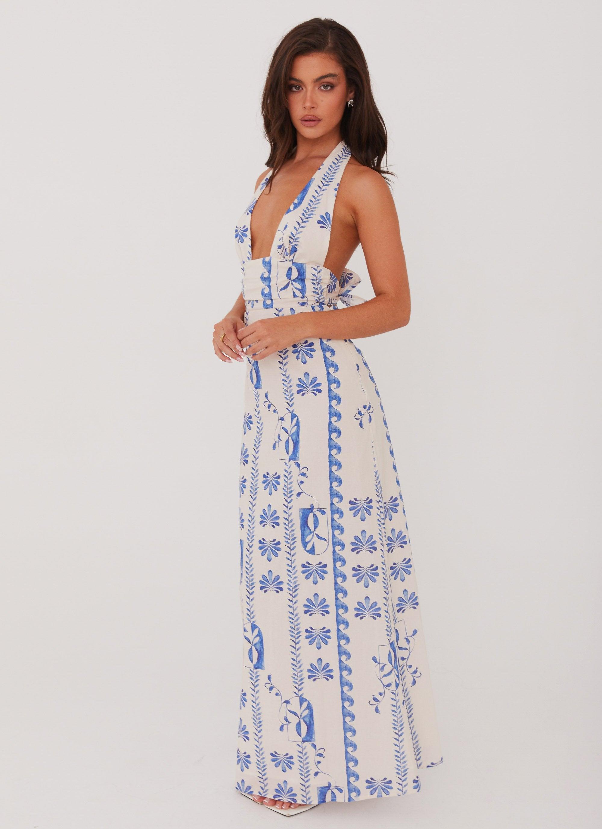 Sky Linen Maxi Dress - Floral Wave Product Image