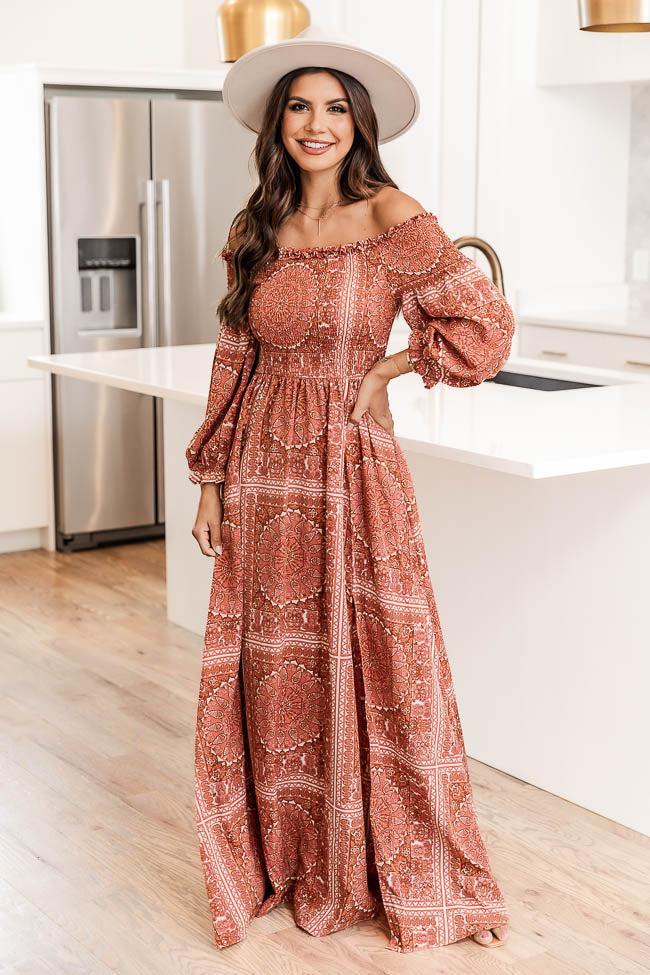 Sounds In My Mind Brick Smocked Bust Off The Shoulder Printed Maxi Dress Product Image