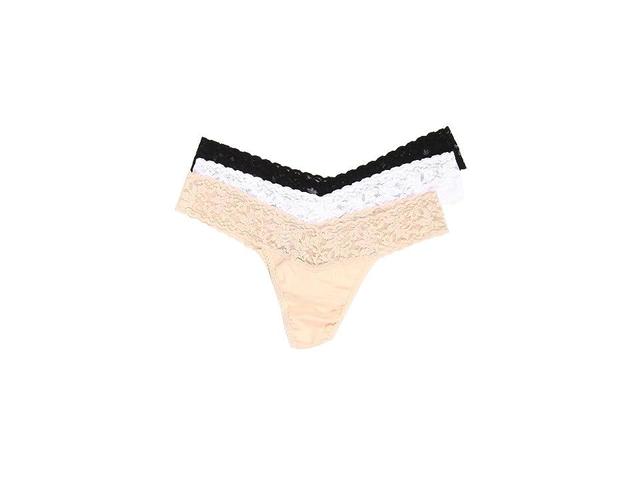 Hanky Panky Organic Cotton Low Rise Thong w/ Lace 3-Pack (Black/White/Chai) Women's Underwear Product Image