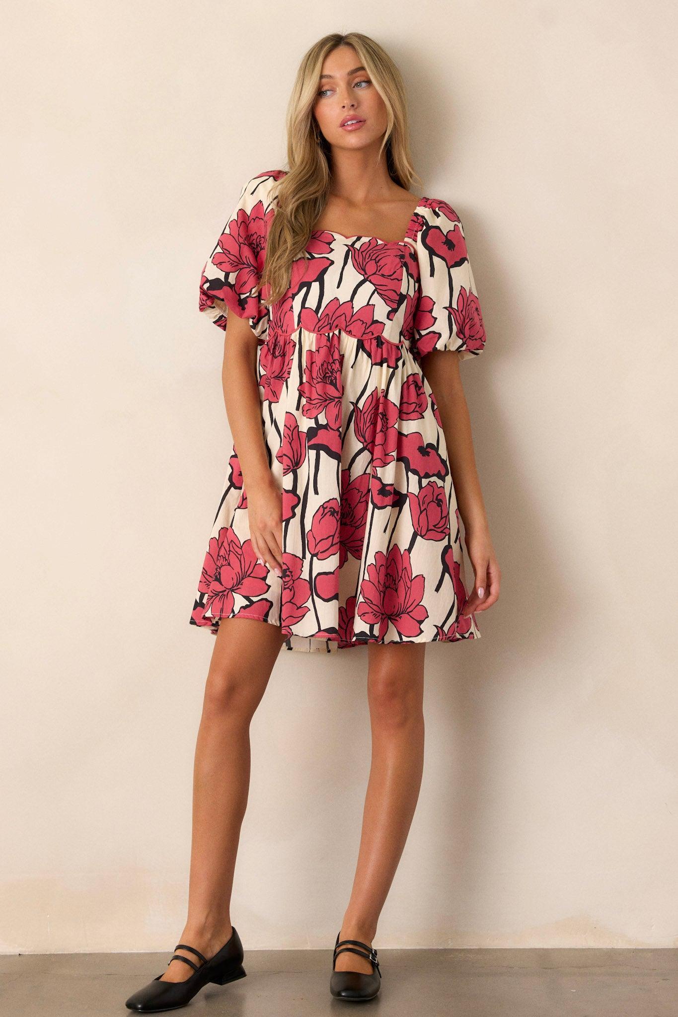 Whispering Moonlight 100% Cotton Red Floral Mini Dress Product Image