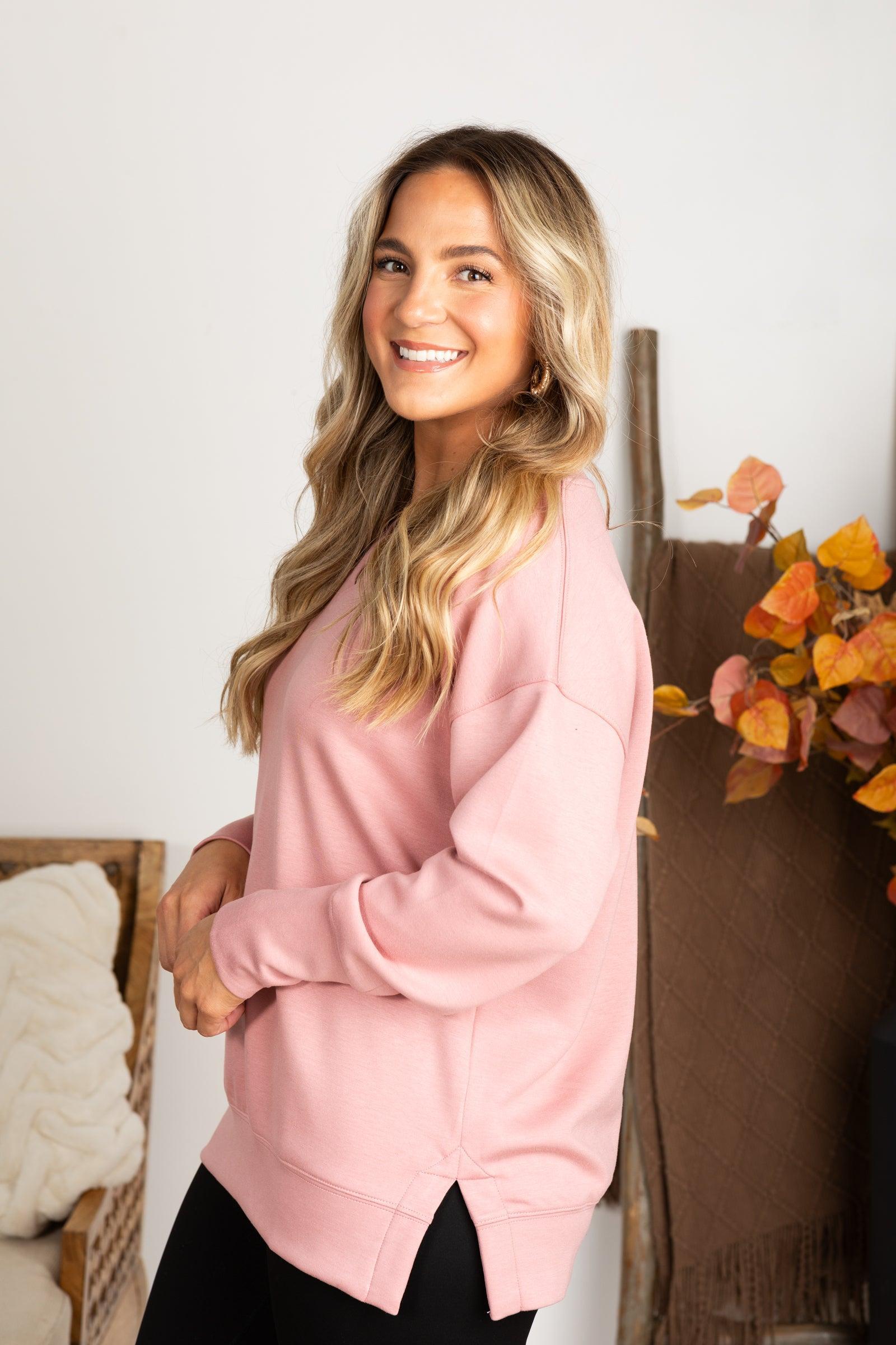 Dusty Rose V-Neck Scuba Long Sleeve Top Product Image