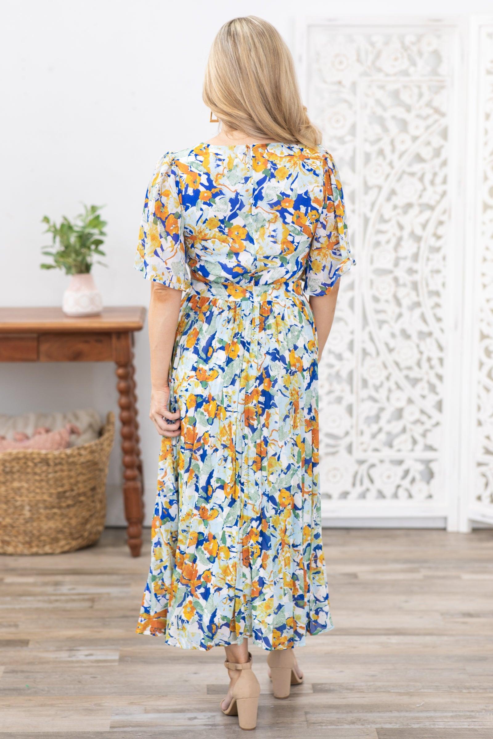 Orange Short Sleeve Floral Midi Dress Product Image