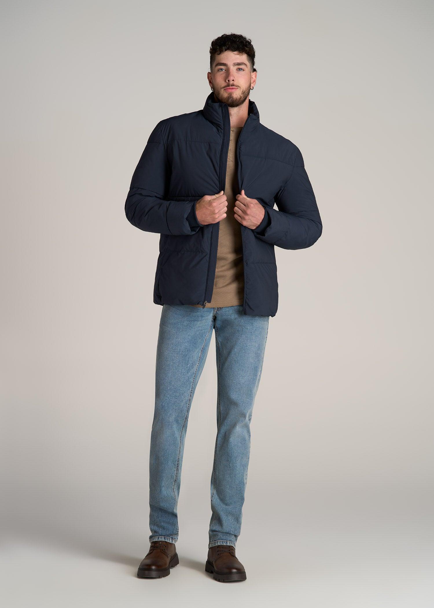 Stand Collar Puffer Coat Jacket for Tall Men in Evening Blue Product Image