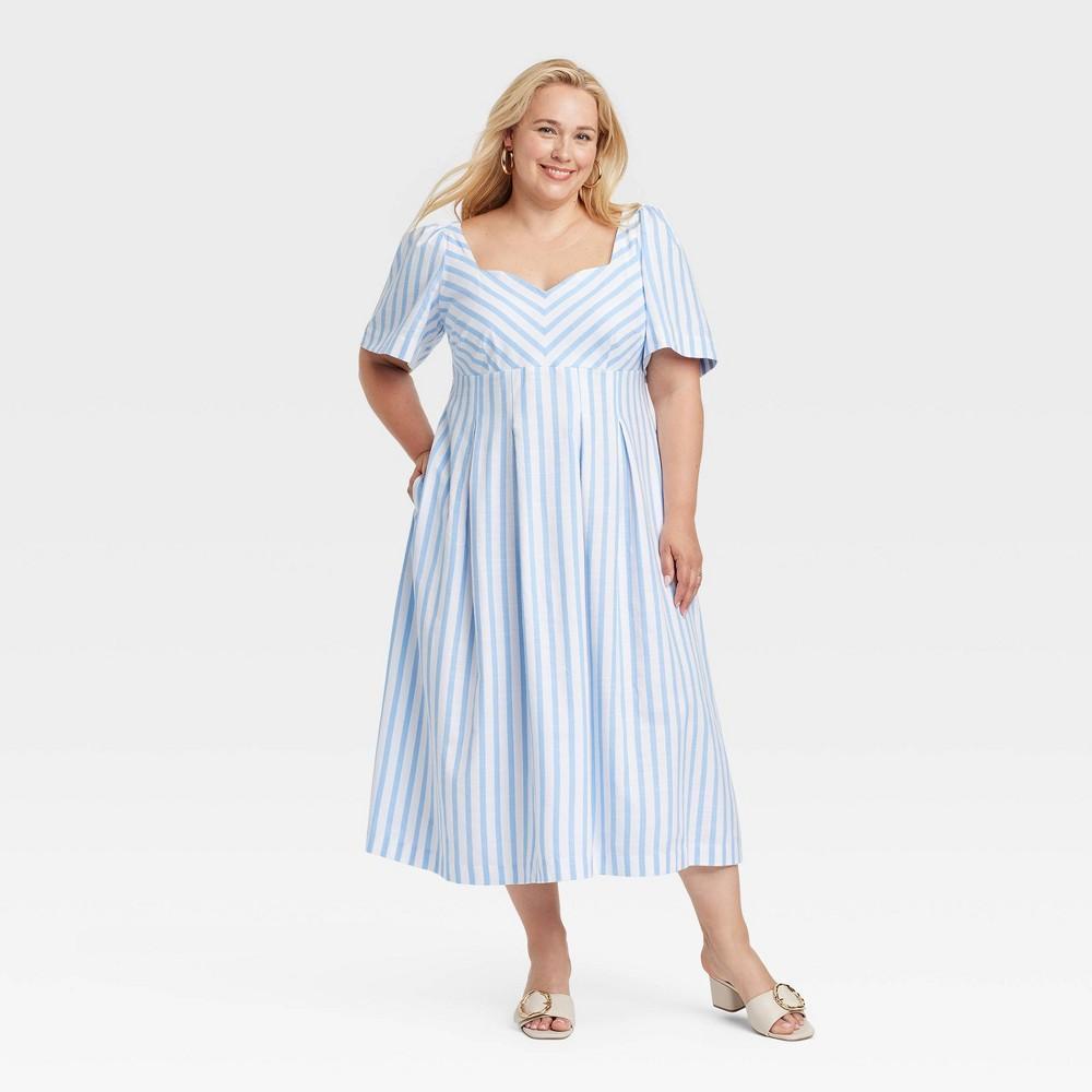 Womens Short Sleeve Midi Dress - A New Day Blue/White Striped 26 Product Image