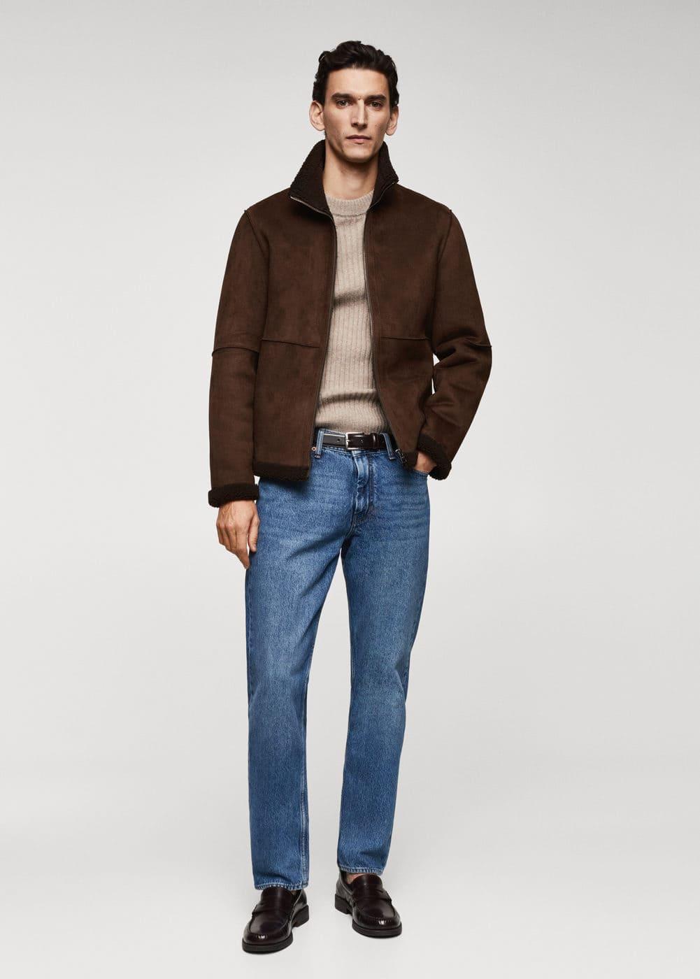 Mango Mens Shearling-Lined Leather-Effect Jacket Product Image