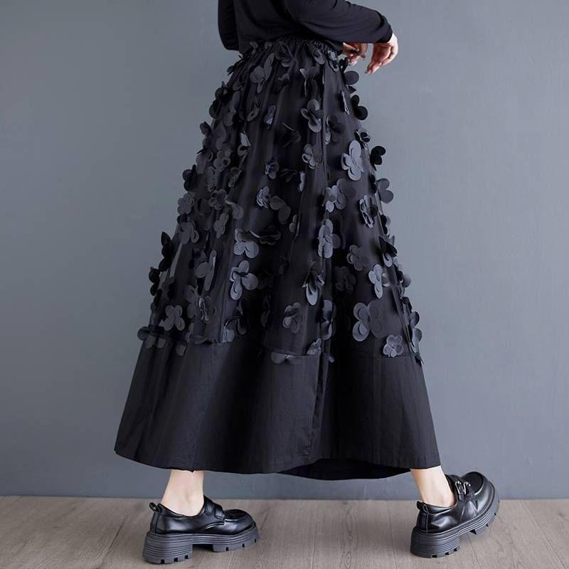 High Rise Plain Flower Applique Maxi A-Line Skirt Product Image