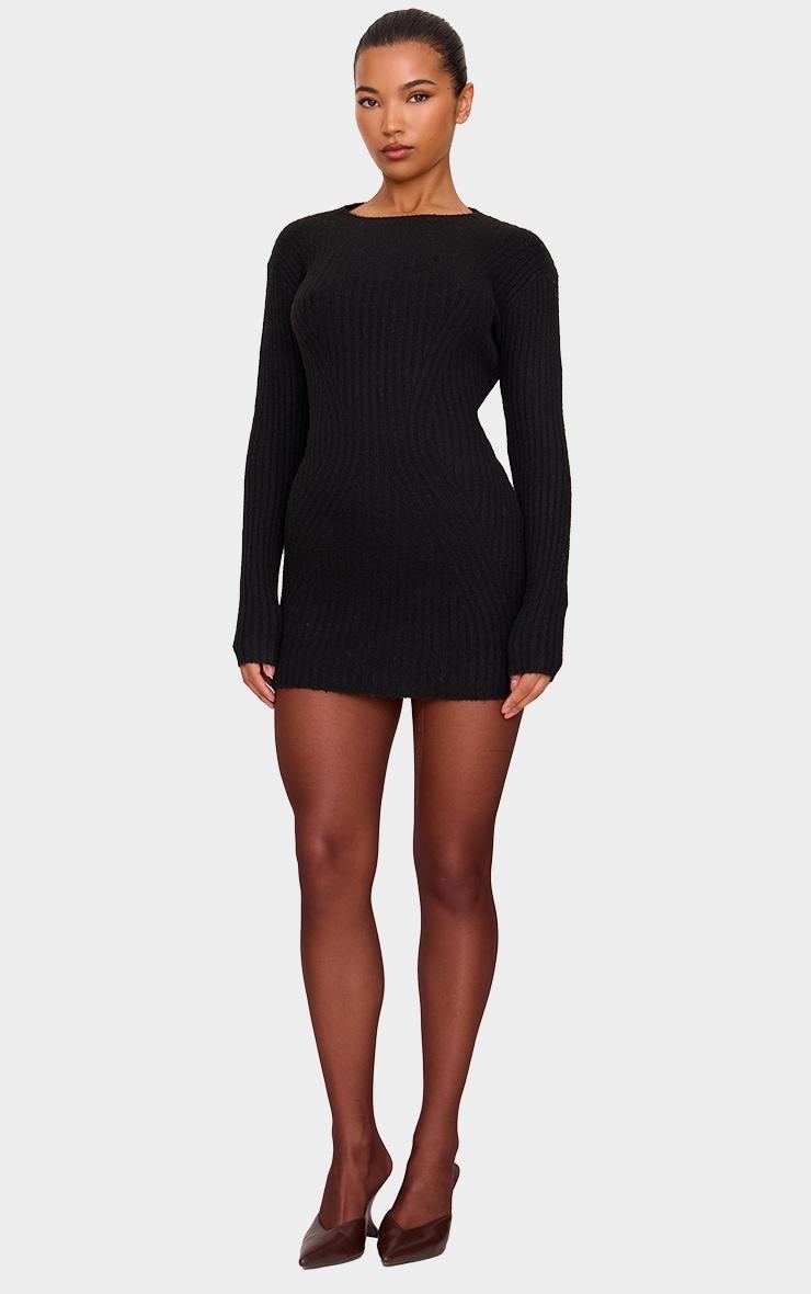 Black Soft Textured Rib Knit Mini Dress Product Image