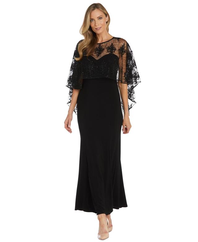 R & M Richards Womens Embellished-Capelet Gown - Black Product Image