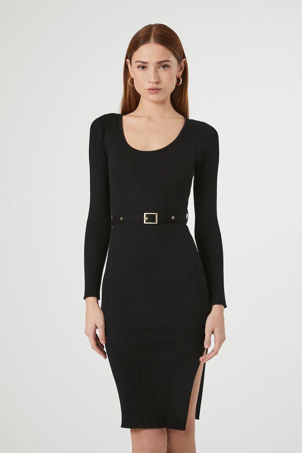 Belted Rib-Knit Bodycon Midi Dress | Forever 21 Product Image