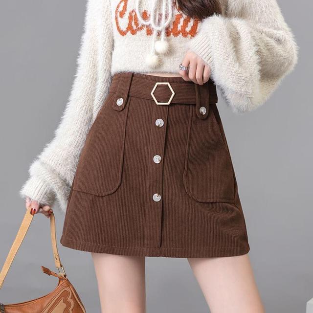 High Rise Corduroy Belted Mini A-Line Skirt Product Image