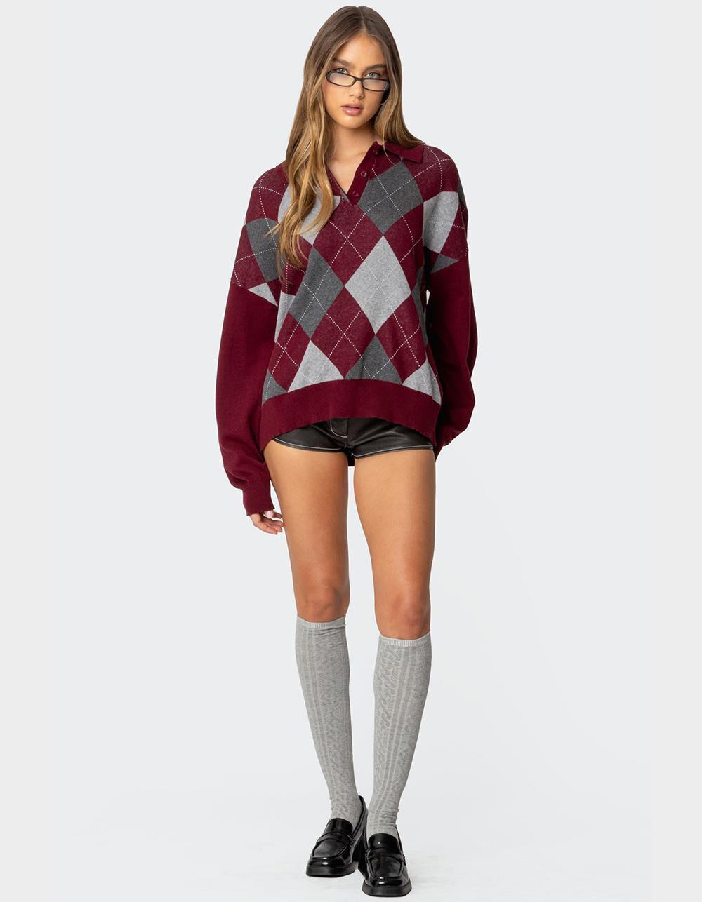 EDIKTED Argyle Oversized Polo Sweater Product Image