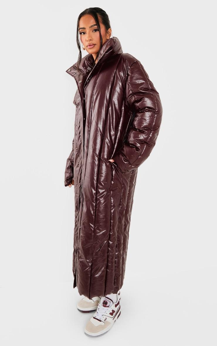 Petite Burgundy Shine High Neck Puffer Maxi Coat Product Image